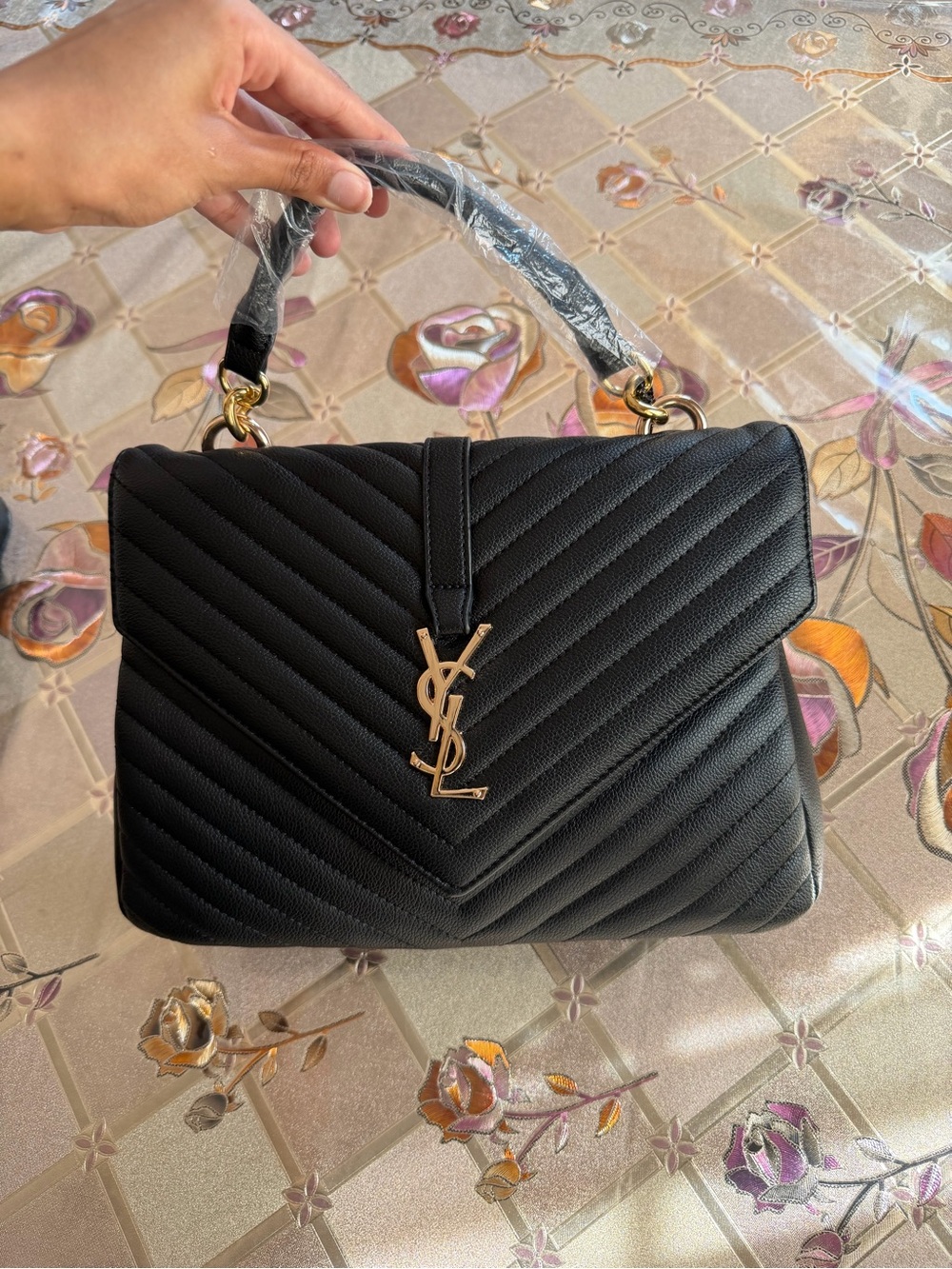 Yves Saint Laurent Black Quilted Chevron Top-Handle Tote with Gold Hardware